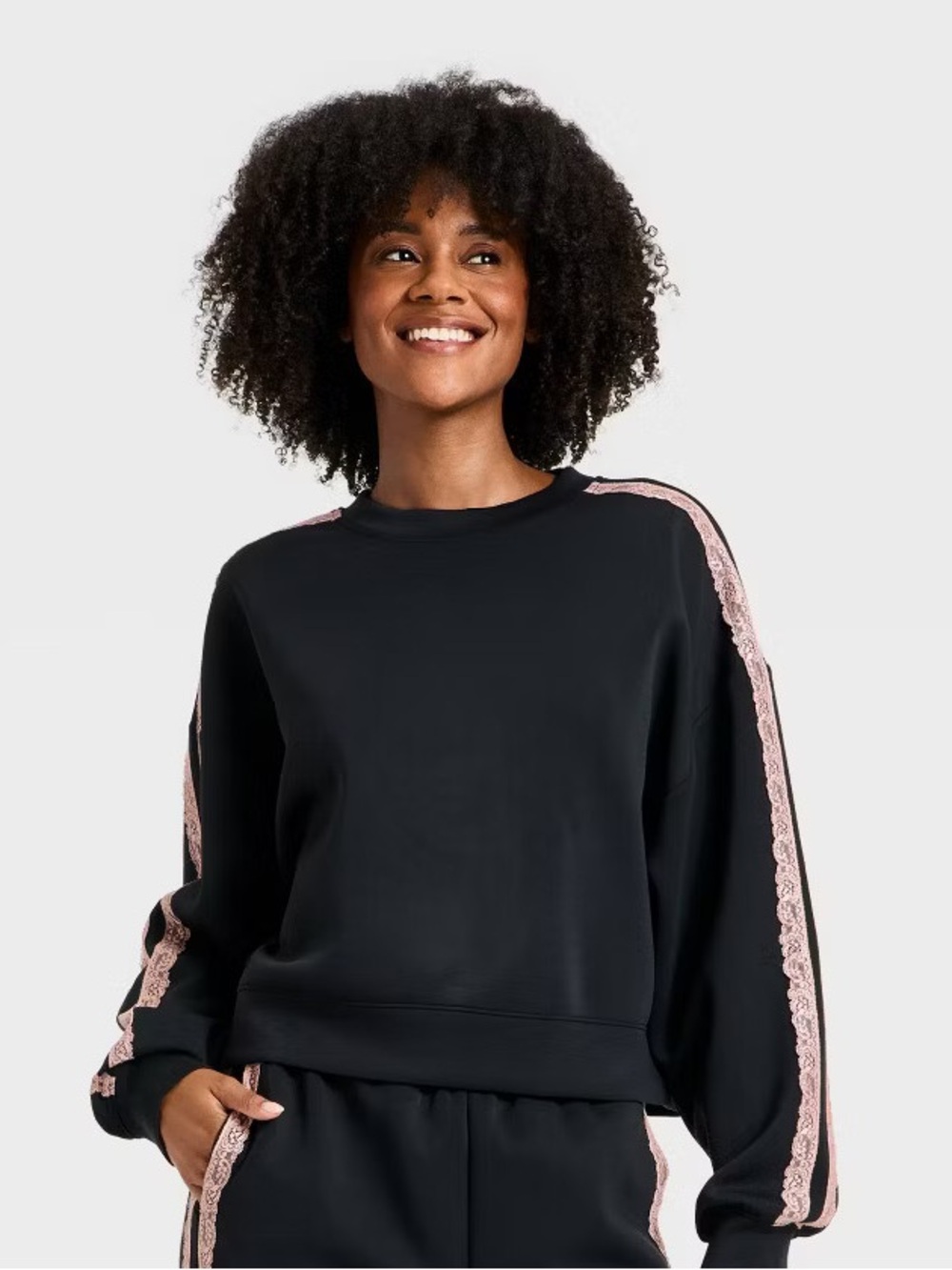 Black Scuba Sweatshirt with Pink Lace-Trim Stripes
